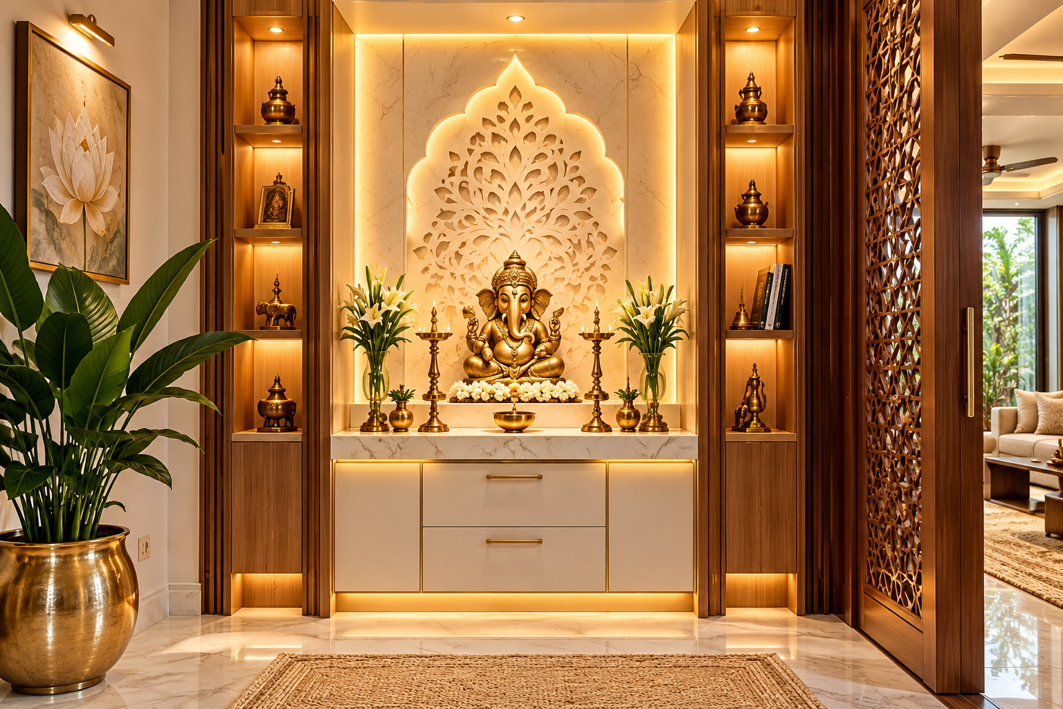 Contemporary luxury Indian home mandir alcove with marble altar, carved lotus backdrop, brass Ganesha idol, warm lighting and bespoke wooden cabinetry