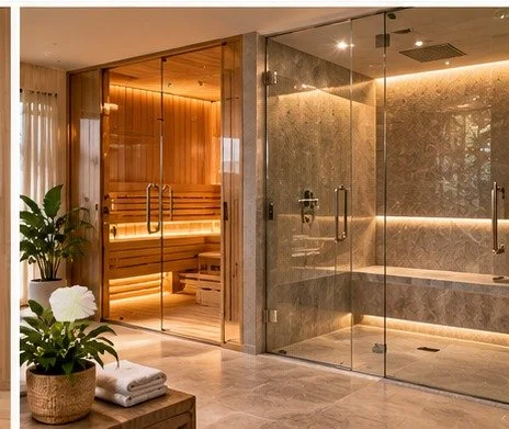 Luxury home wellness suite featuring timber sauna and glass-enclosed steam room.