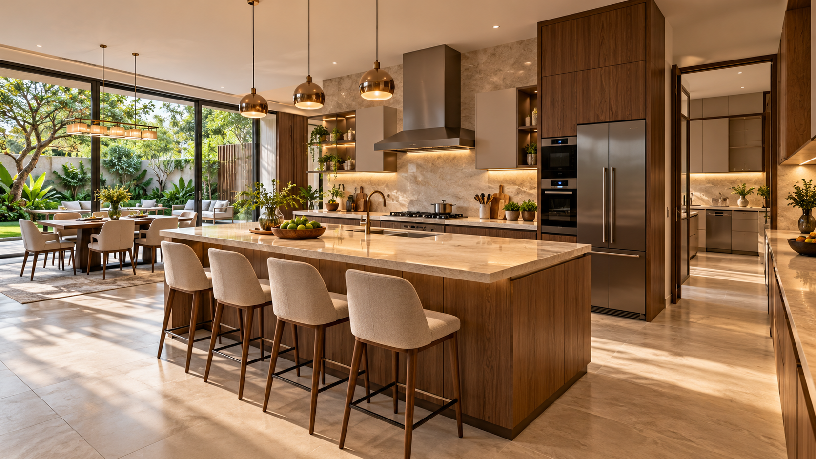 Contemporary luxury villa kitchen in Lucknow with a central stone island, integrated appliances, warm wood cabinetry, layered lighting and an adjoining utility kitchen.