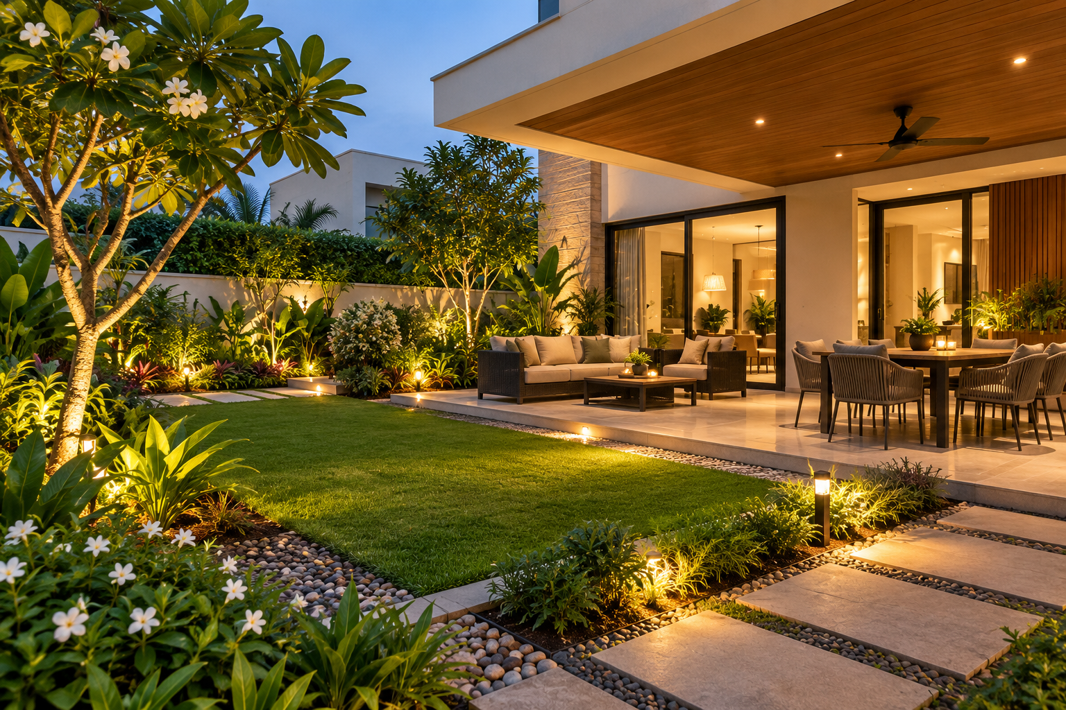 Contemporary luxury villa with landscaped garden, covered outdoor lounge, dining terrace, natural stone pathways and warm architectural lighting.