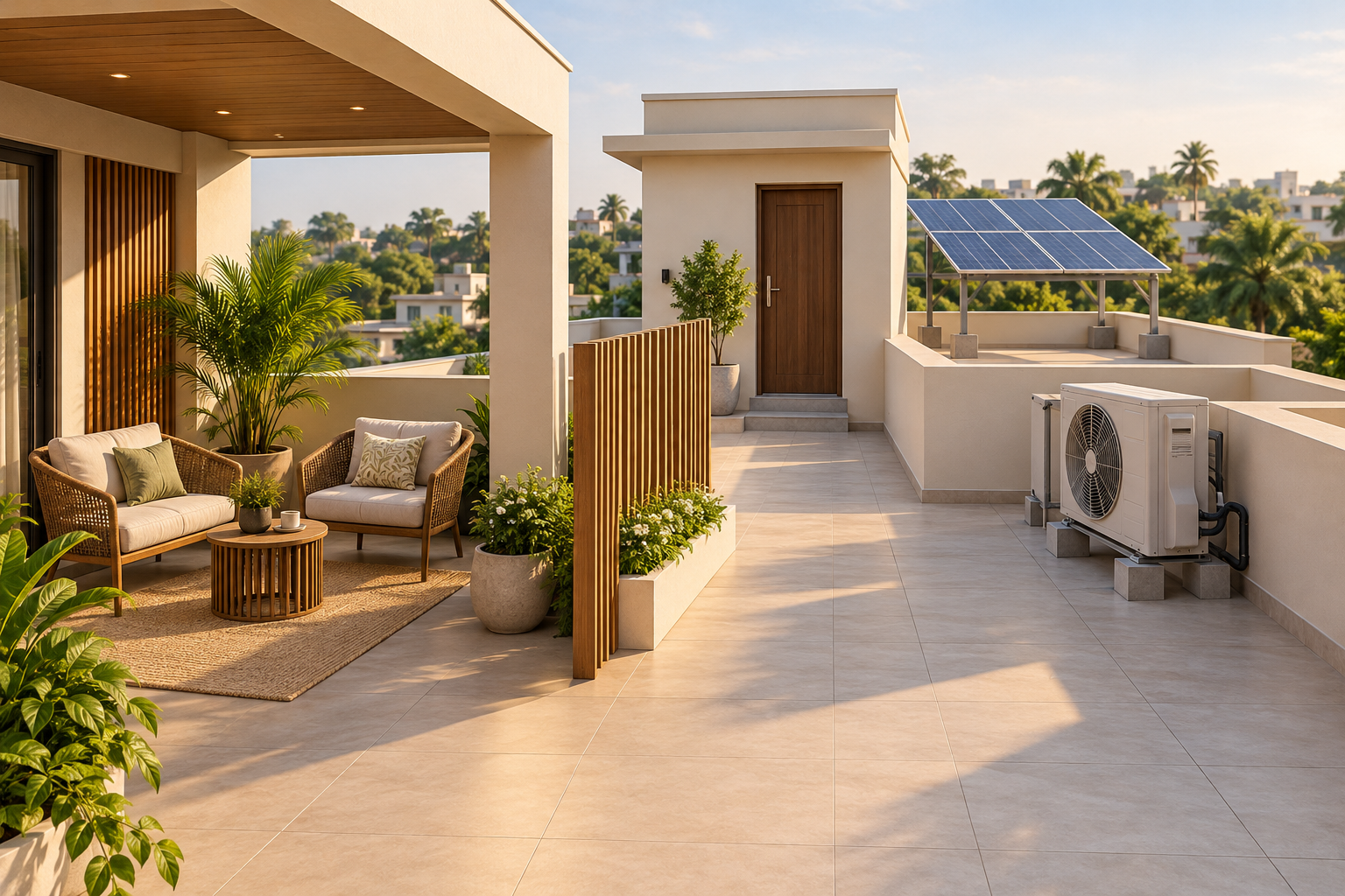 Rooftop terrace with shaded seating, a slatted divider, an outdoor AC unit and solar panels, connected by an open walkway.