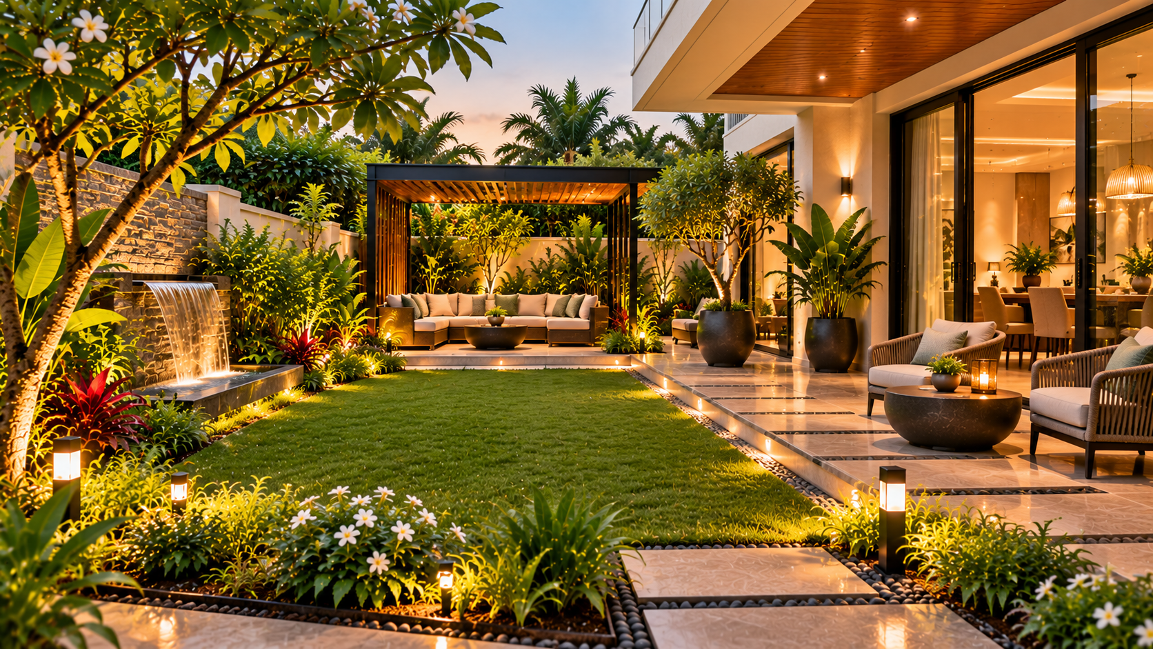 Luxury contemporary villa garden featuring a shaded pergola lounge, landscaped lawn, stone pathways, flowering plants, water feature and warm architectural lighting.