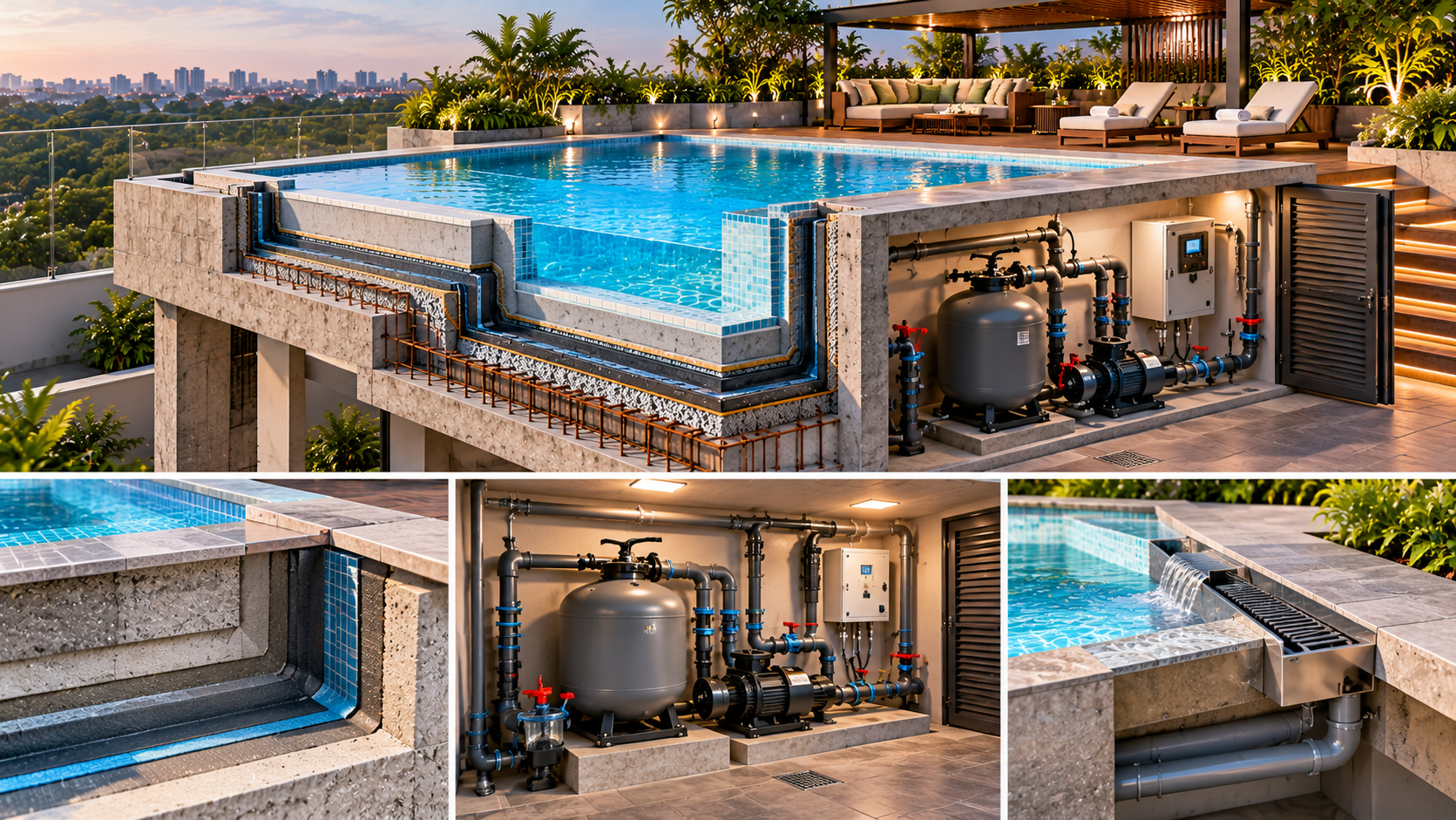 Conceptual rooftop swimming pool cutaway showing waterproofing layers, drainage arrangements, filtration pumps, water-treatment equipment and accessible service areas.