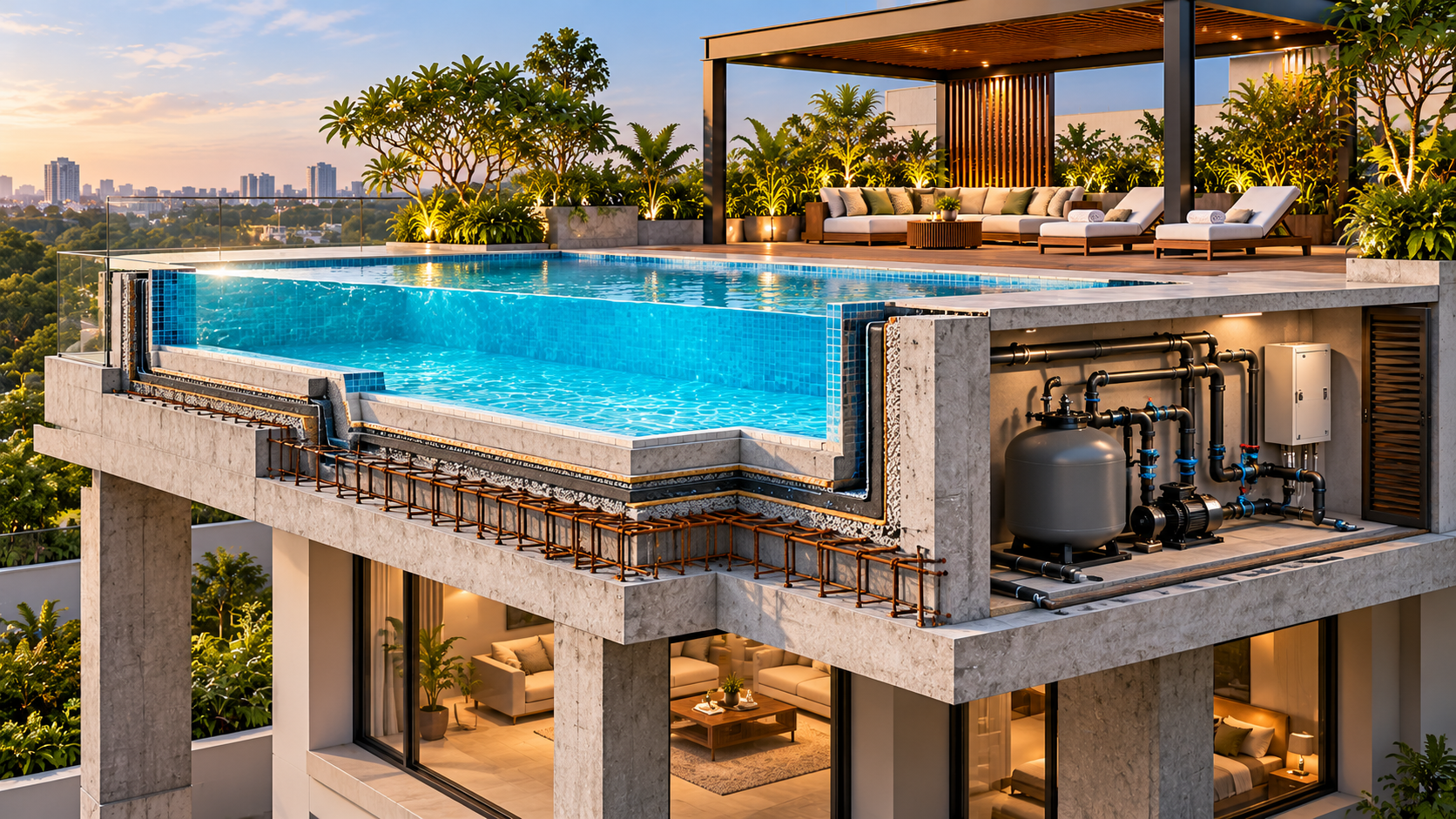 Conceptual architectural cutaway of a luxury villa rooftop swimming pool showing the water basin, supporting reinforced concrete beams and columns, waterproofing layers and filtration equipment.