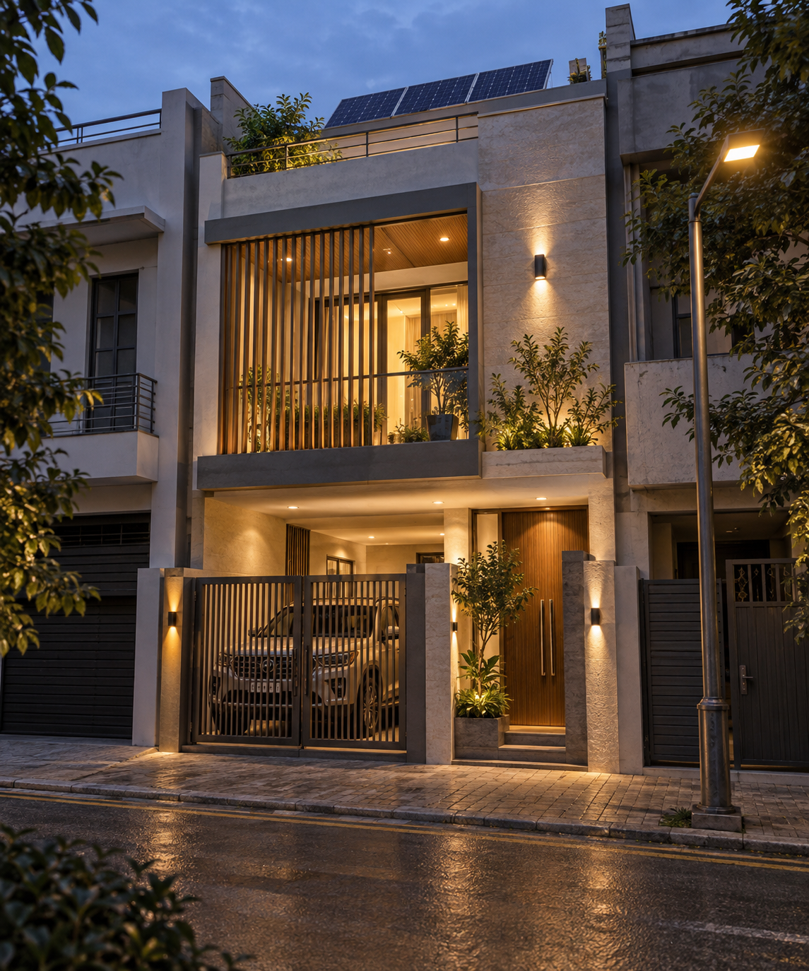 Modern multi-story house at dusk with illuminated exterior, solar panels on roof, parking garage with vehicle, and surrounding greenery.