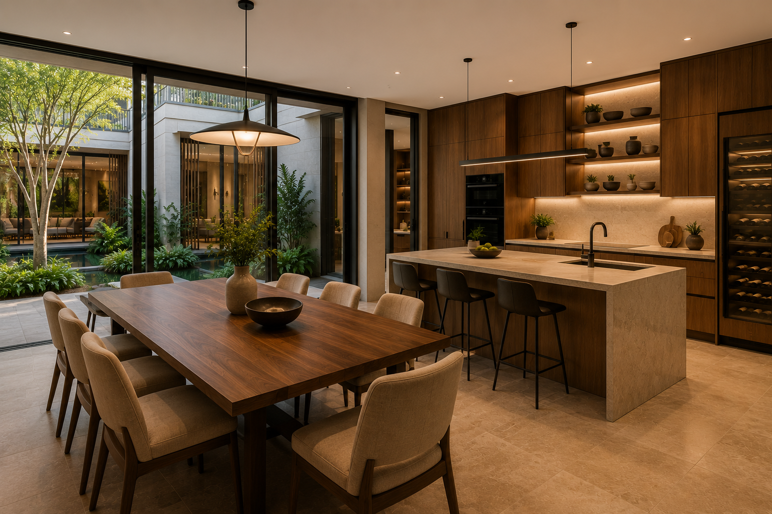 Modern kitchen and dining area with large sliding glass doors opening to a lush outdoor garden