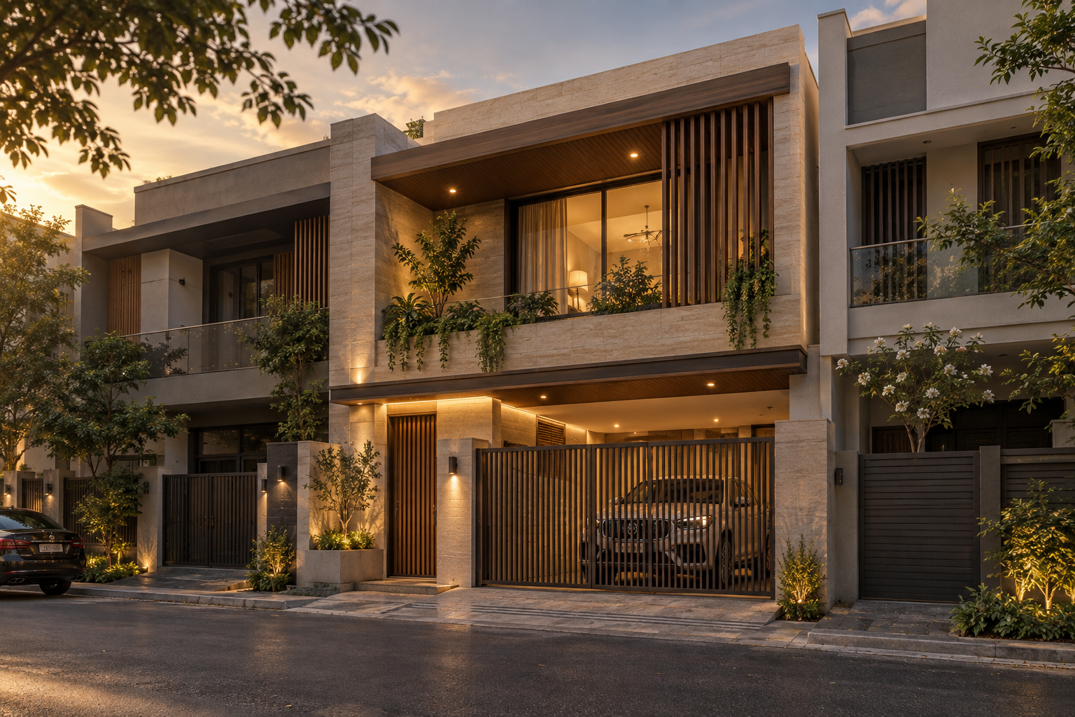 Modern multi-story residential building at sunset with illuminated exterior lighting, balcony with plants, and a gated parking area with an SUV.