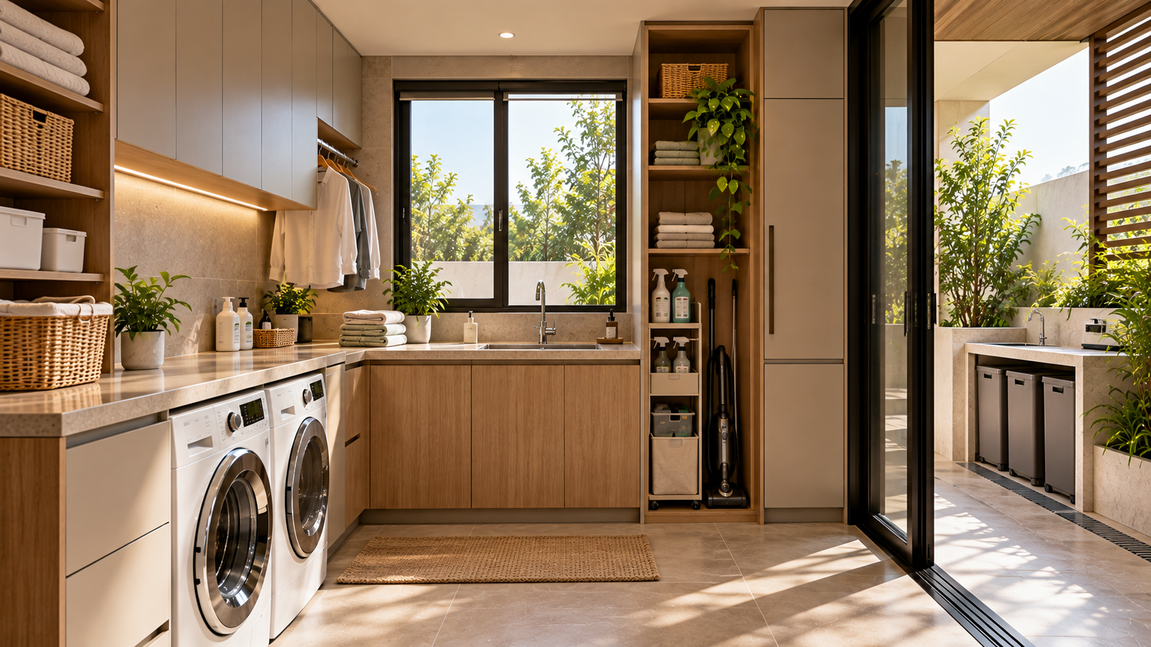 Modern utility area with laundry appliances, sink, housekeeping storage and access to an outdoor service zone.