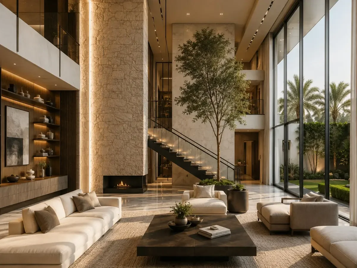 Double-height luxury villa living room with indoor tree, stone wall and floor-to-ceiling windows in Lucknow