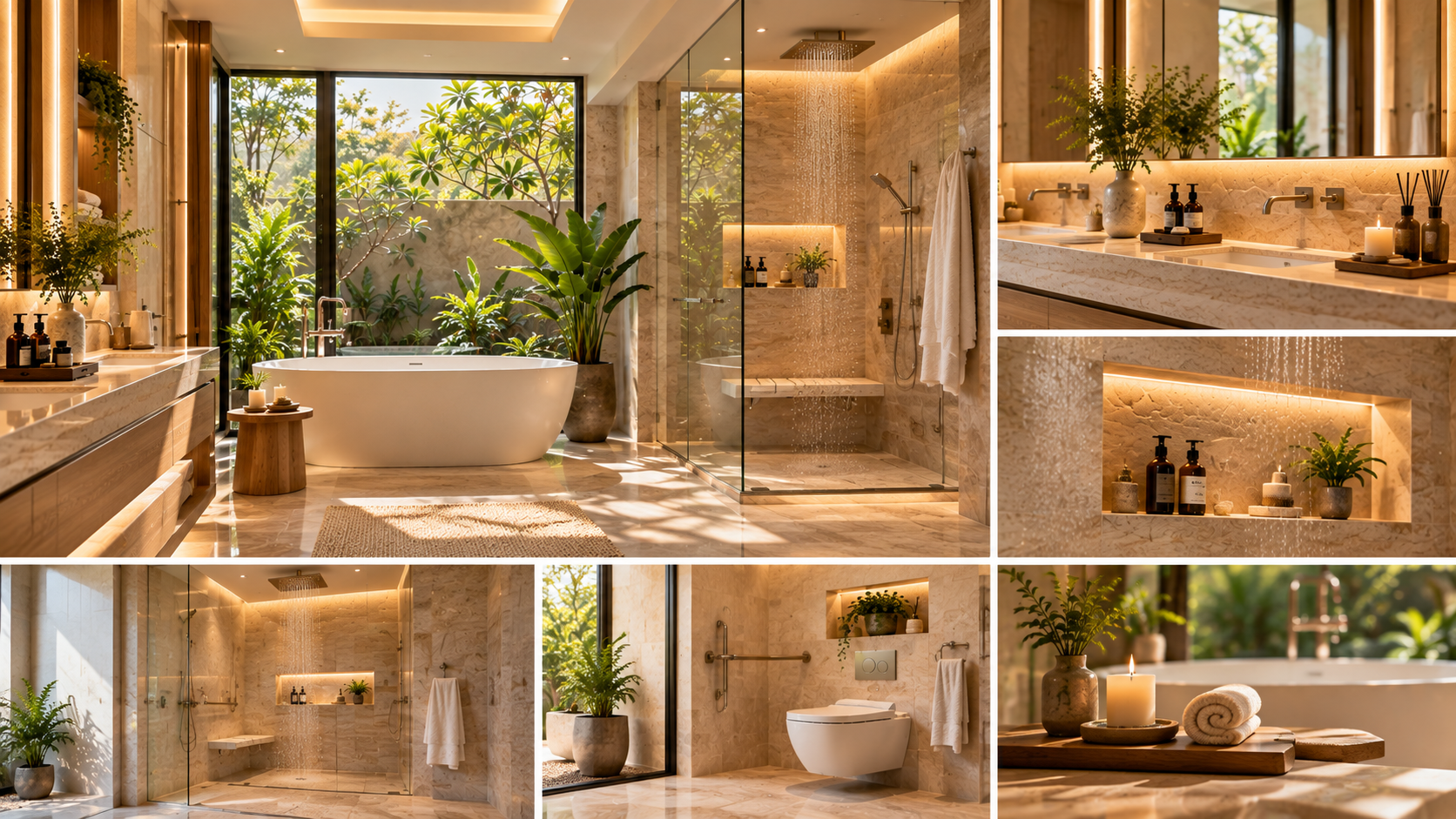 Smart luxury bathroom design featuring a freestanding bathtub, glass shower enclosure, illuminated vanity, modern sanitaryware and integrated bathroom storage.