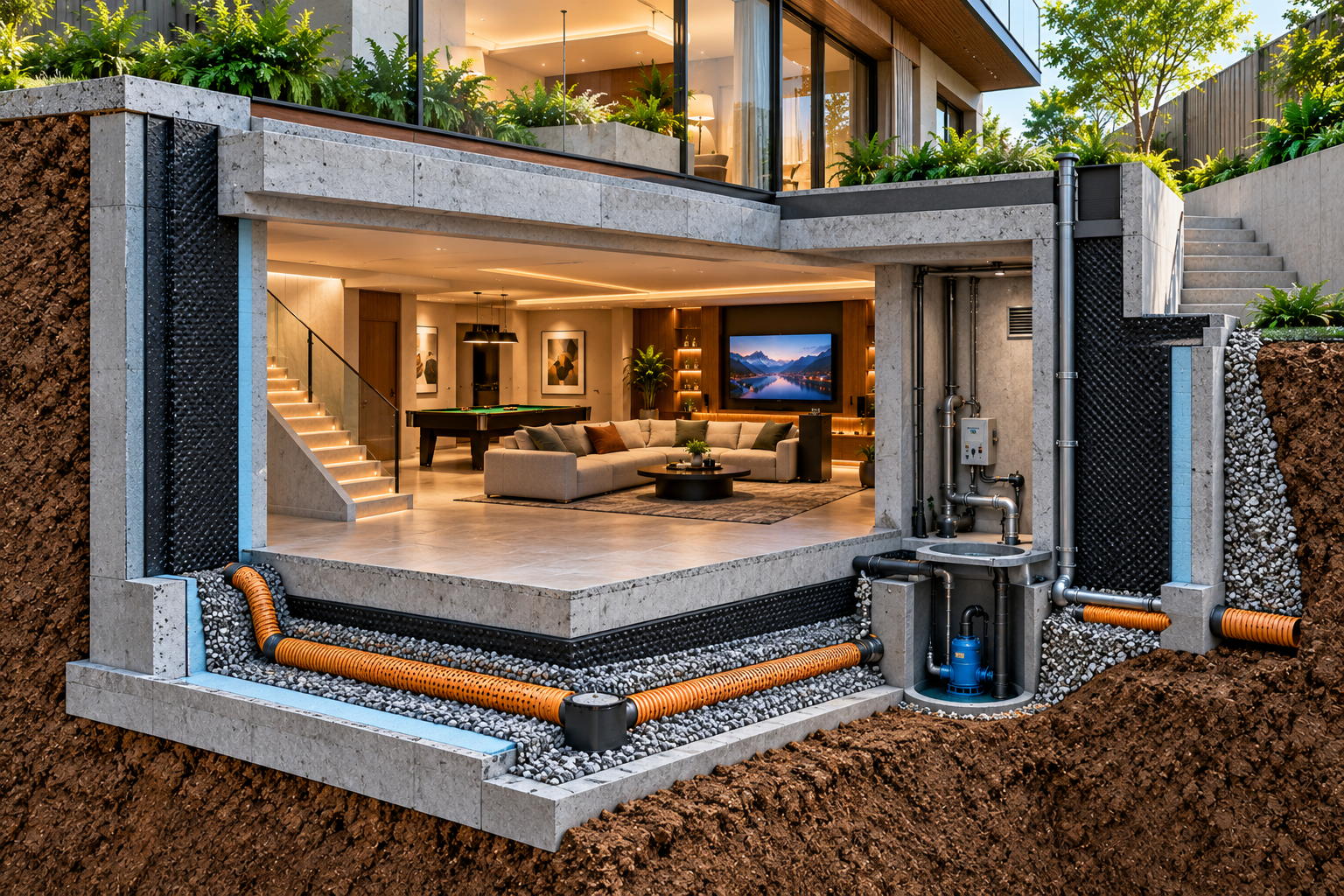Architectural cutaway of a luxury villa basement illustrating external waterproofing membranes, perimeter drainage pipes, gravel drainage layers, sump pump and accessible service equipment.