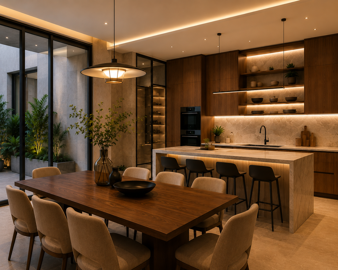 Modern kitchen with a large dining table, beige chairs, and a marble kitchen island with black bar stools. The kitchen has wooden cabinets, open shelves with bowls and plants, and a patterned backsplash. Large floor-to-ceiling windows reveal indoor plants outside, and warm ambient lighting highlights the space.