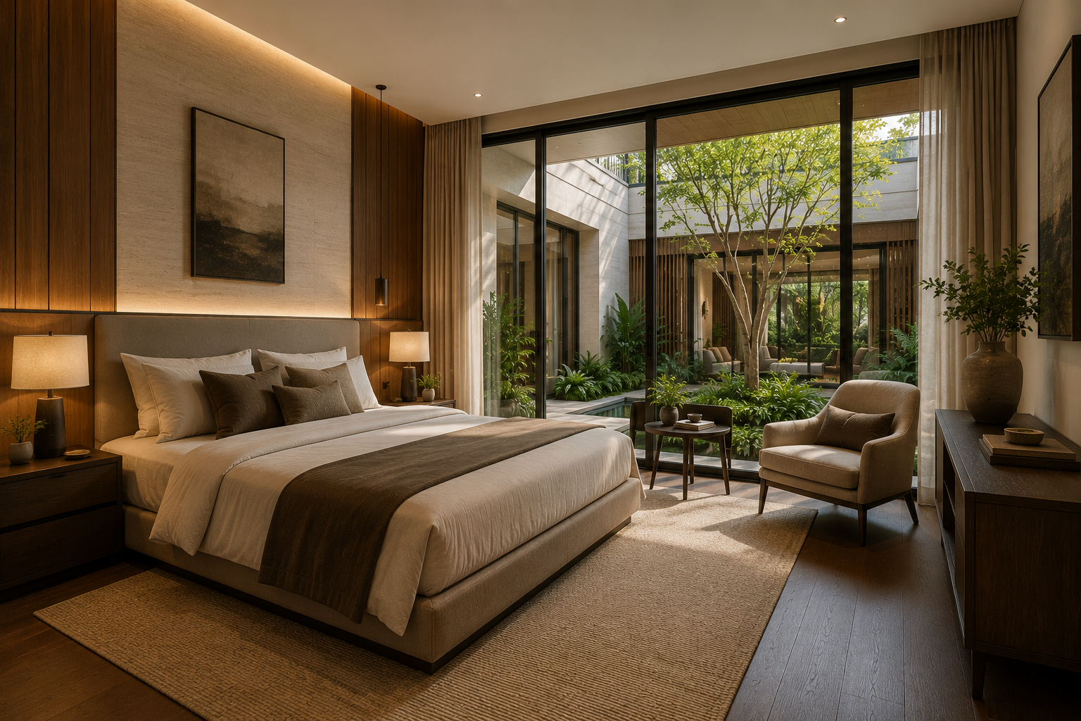 A modern bedroom with large glass sliding doors opening to a lush outdoor garden with trees and plants. The room features a king-sized bed with neutral bedding, bedside lamps, a cozy armchair, a side table, and a wooden dresser with decorative items.
