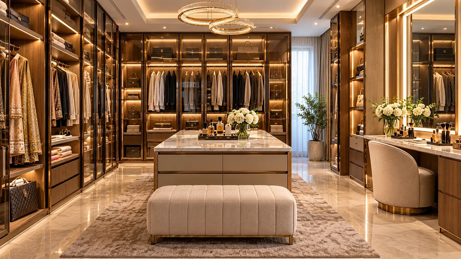 AI-generated full-room walk-in wardrobe concept with glass-fronted storage, central island and integrated vanity