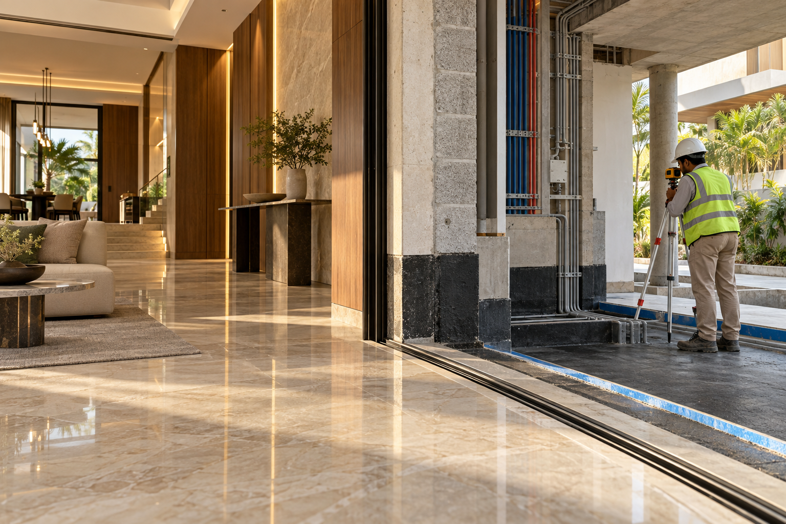 Luxury villa interior beside an inspected construction area showing concealed services, waterproofing and quality-control work in Lucknow