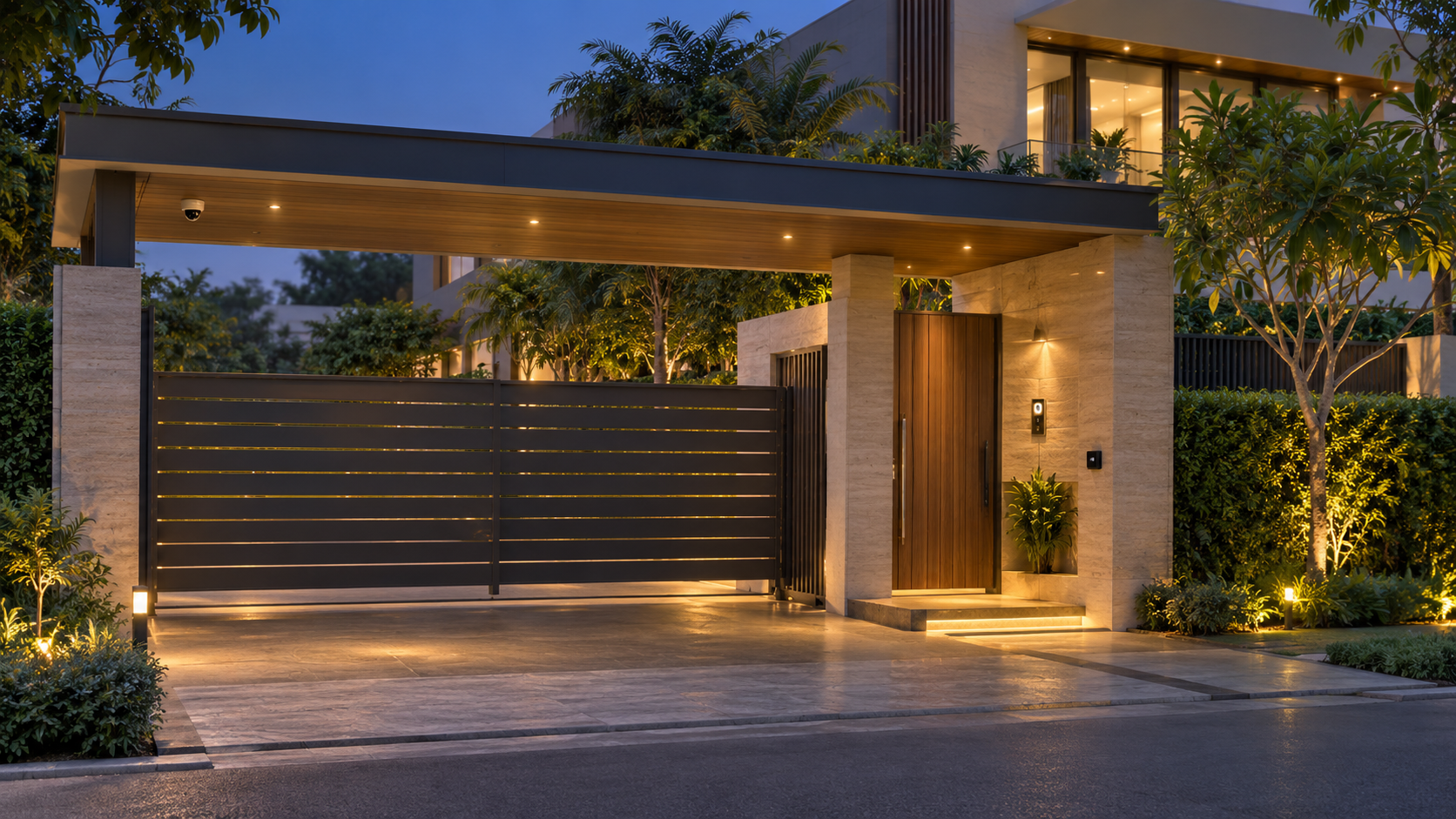 Secure luxury villa entrance in Lucknow with an automated gate, video door phone, discreet CCTV surveillance and integrated landscape lighting.