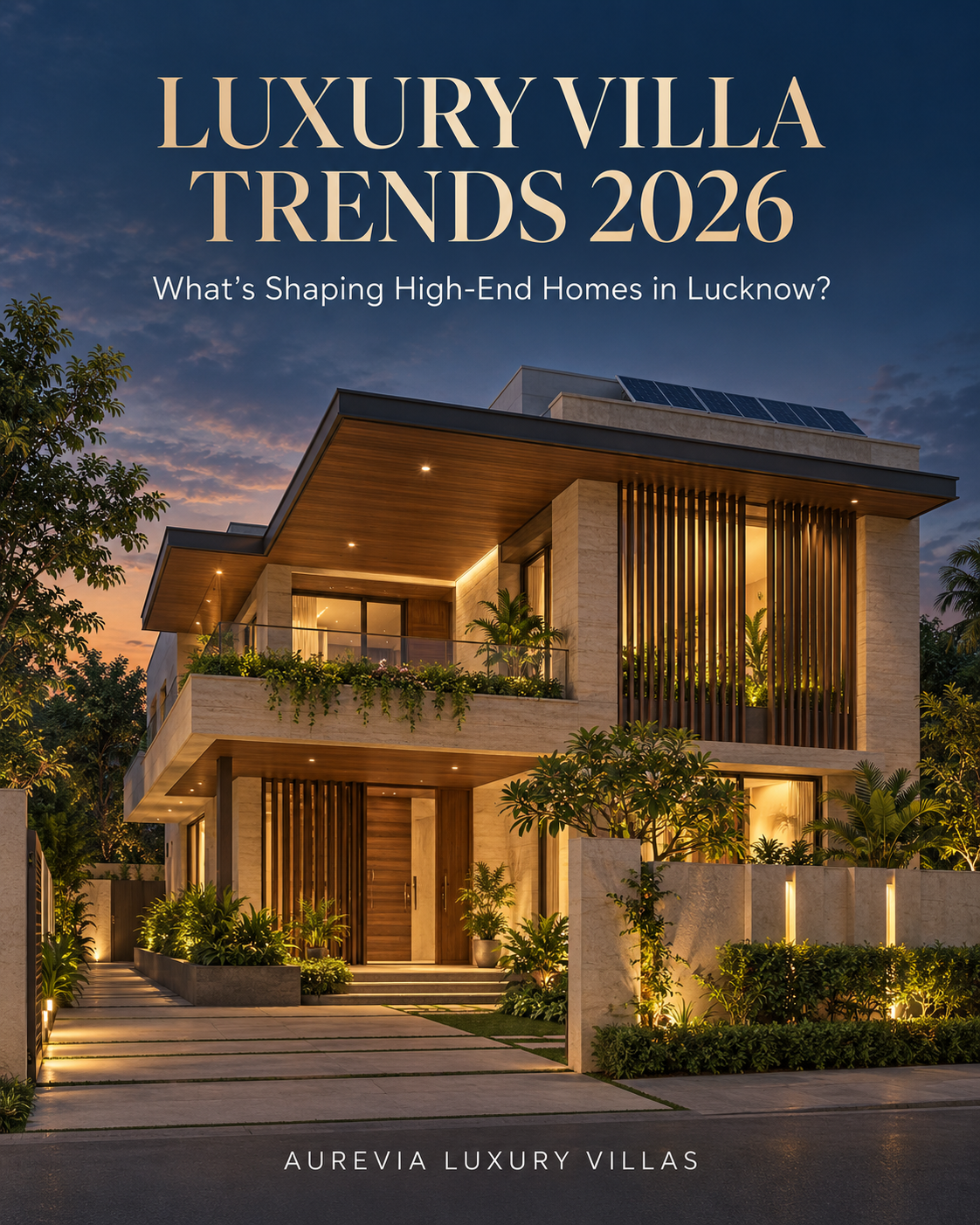 Modern luxury villa illuminated at dusk with greenery and solar panels on the roof, featuring large windows and a spacious balcony.