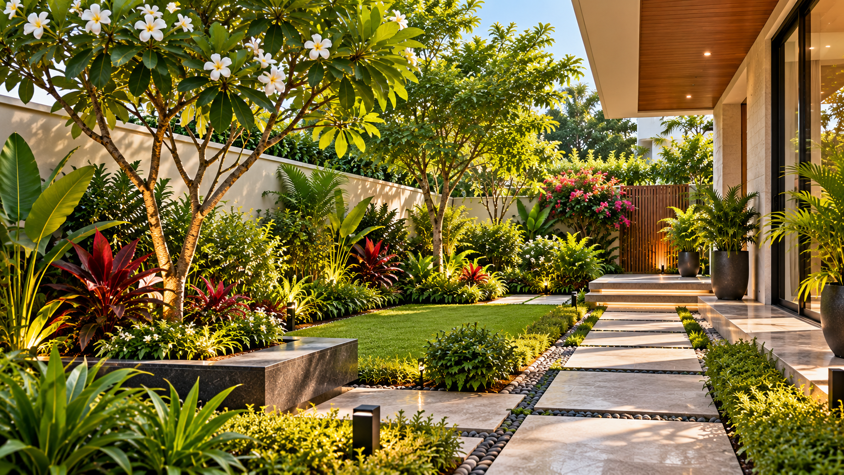 Contemporary villa garden featuring layered greenery, flowering shrubs, ornamental plants and easy-to-maintain landscaped pathways.