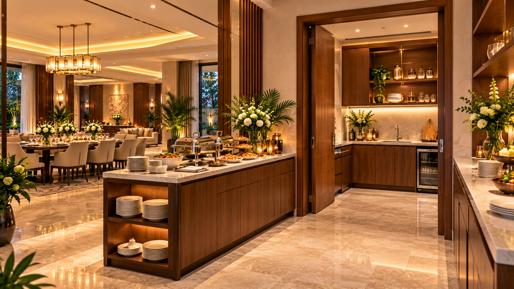 Luxury villa gathering hall featuring an elegant buffet counter, adjoining walnut-finished service pantry, crockery storage, sink and beverage refrigerator.