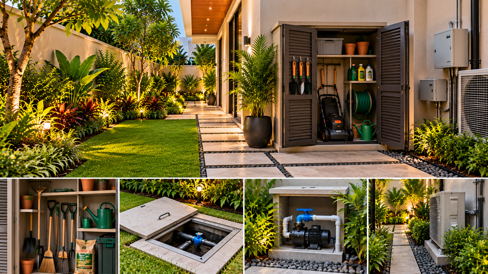 Contemporary villa side garden featuring organised gardening-tool storage, accessible water valves, pump equipment, inspection chamber and outdoor air-conditioning unit.