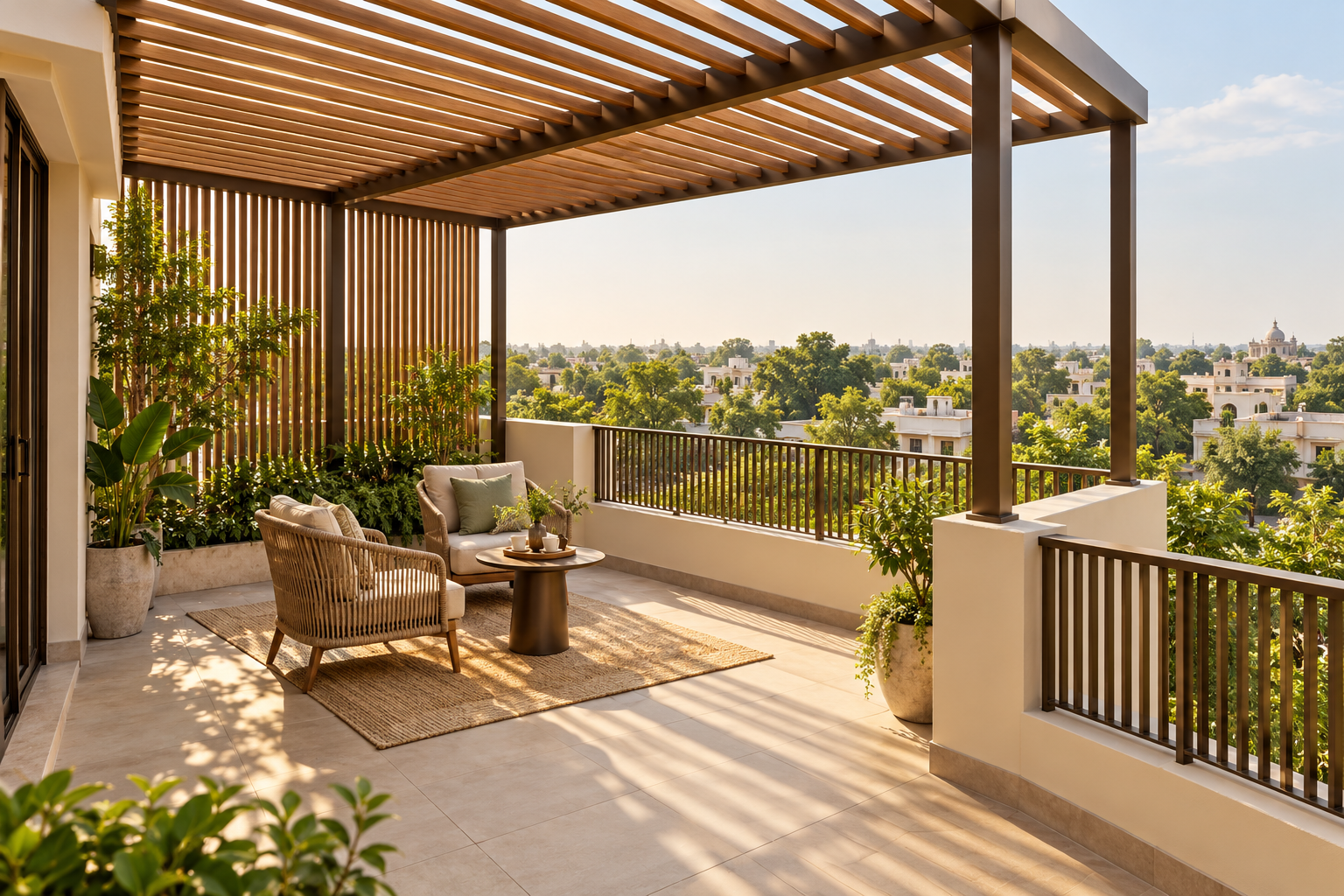 Villa terrace with an open slatted pergola, matching privacy screen, woven chairs and greenery.