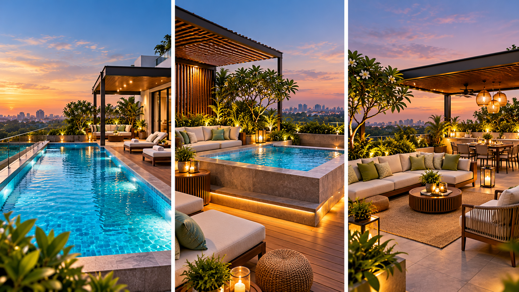 Three luxury rooftop terrace concepts showing a full swimming pool, compact plunge pool and landscaped outdoor lounge without a pool.