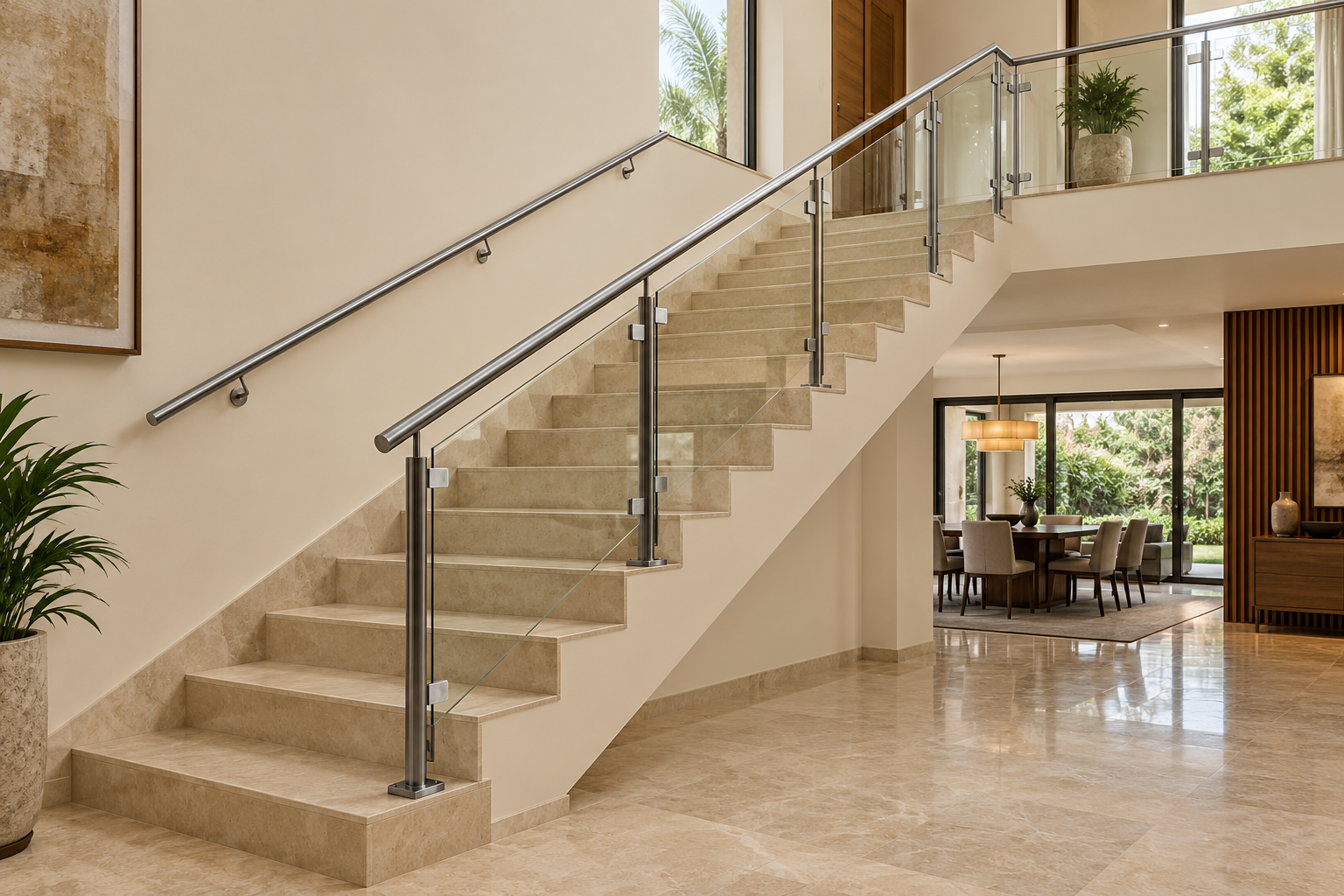 Beige stone staircase with stainless steel handrails, metal posts and clear glass railing panels extending along the upper landing.