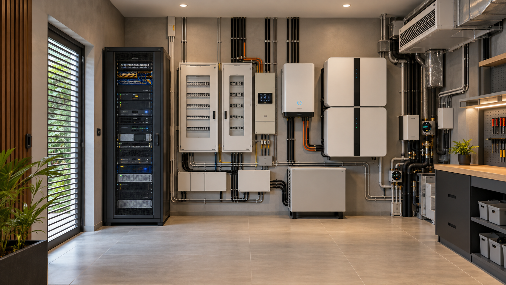 Organised smart-villa services room with a network rack, automation controls, electrical panels, battery storage and coordinated HVAC equipment.