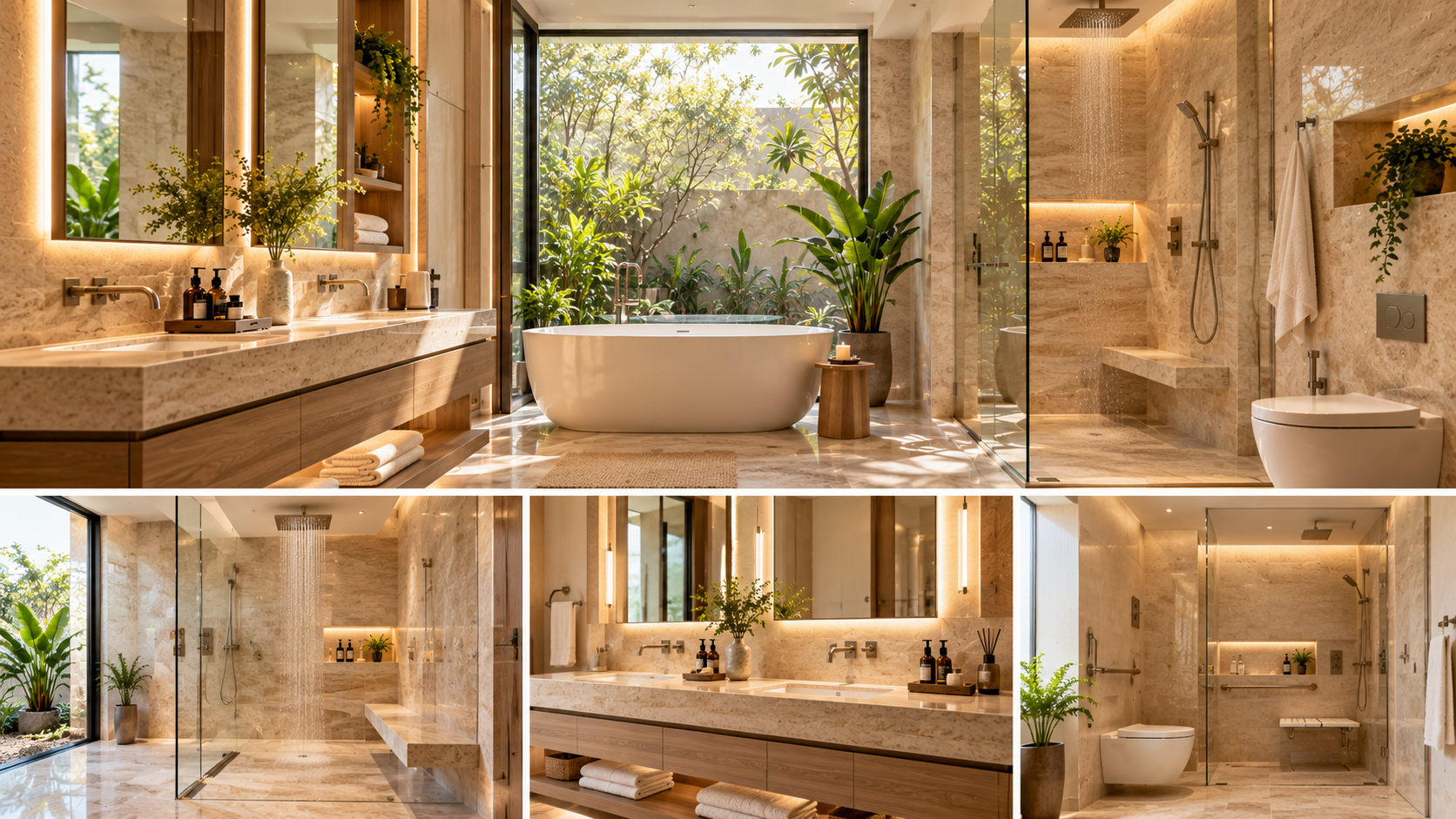 Luxury bathroom design featuring a freestanding bathtub, glass-enclosed walk-in shower, illuminated vanity and modern sanitaryware in a spa-inspired villa interior.