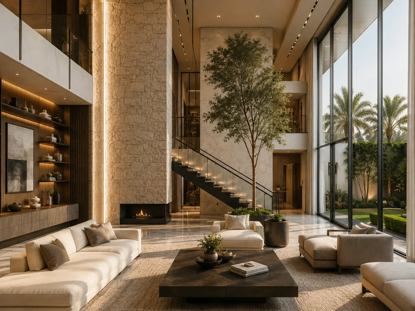 Modern, luxurious living room with large glass windows, white sofas, a coffee table, a fireplace, decorative shelves, and a staircase, with greenery visible outside.
