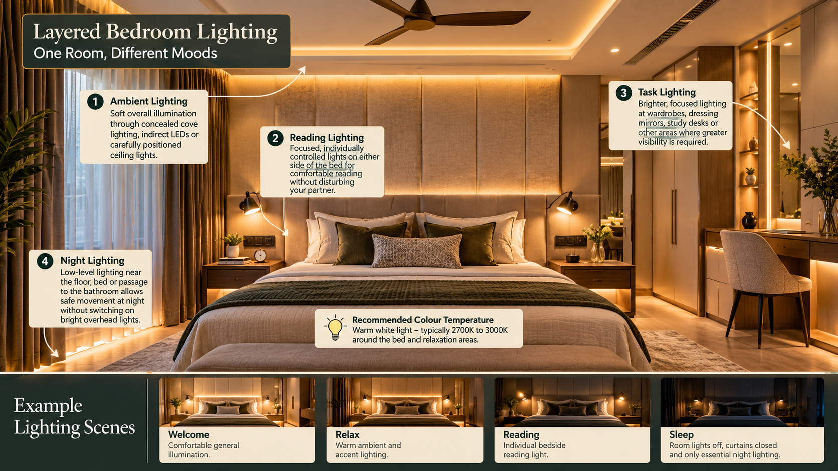 Luxury bedroom lighting infographic showing ambient, reading, task and night lighting with warm 2700K–3000K illumination and different lighting scenes.