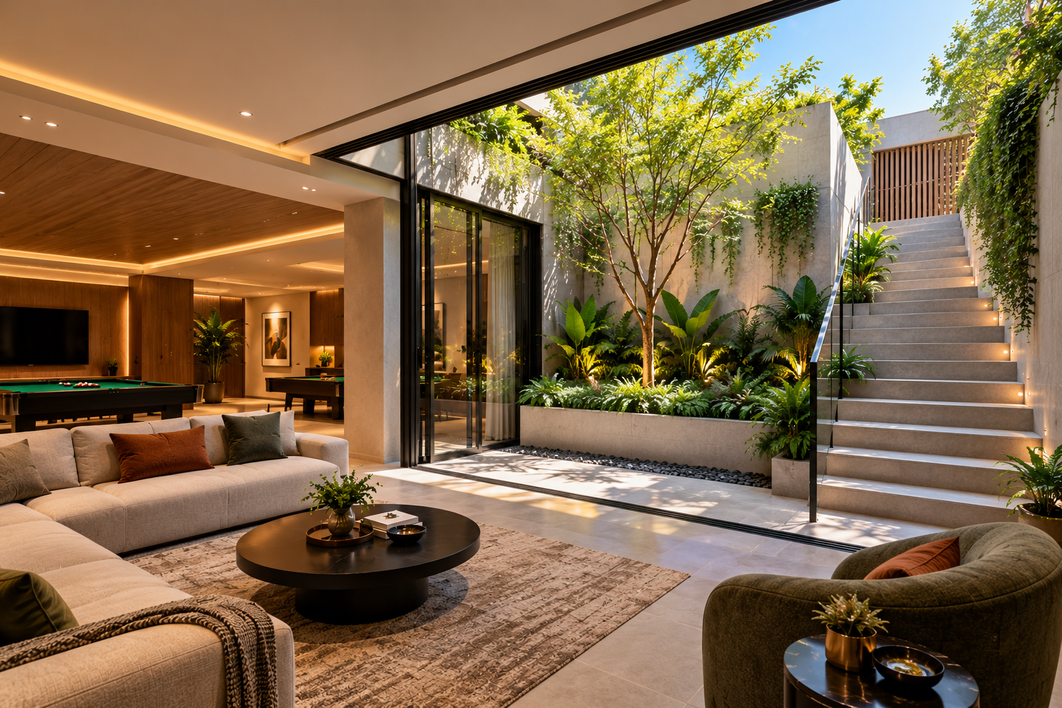 Luxury basement lounge opening onto a landscaped sunken courtyard with floor-to-ceiling glazing, natural daylight, greenery and an outdoor staircase.