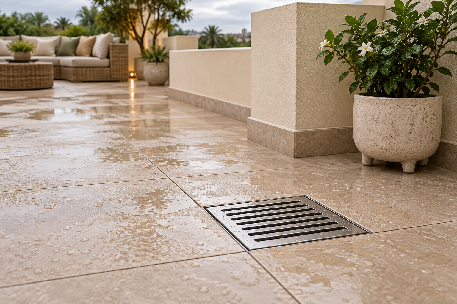 Stainless steel floor drain in a tiled terrace, with a raised planter nearby and seating in the background.