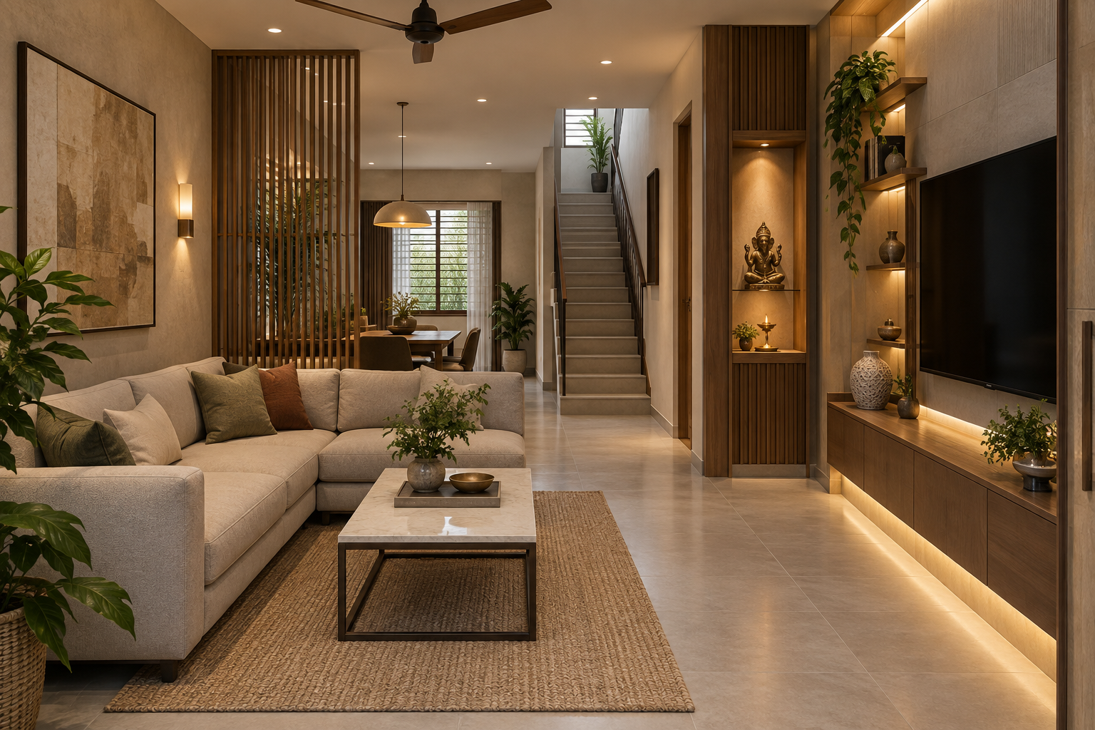 Modern living room with beige sectional sofa, coffee table, and assorted cushions, viewed from the front. Dining area with a table and chairs visible in the background. Stairs leading upward, decorated with plants, and a TV mounted on the wall with wooden shelving and decorative items. The room features warm lighting, wooden accents, indoor greenery, and a jute rug.