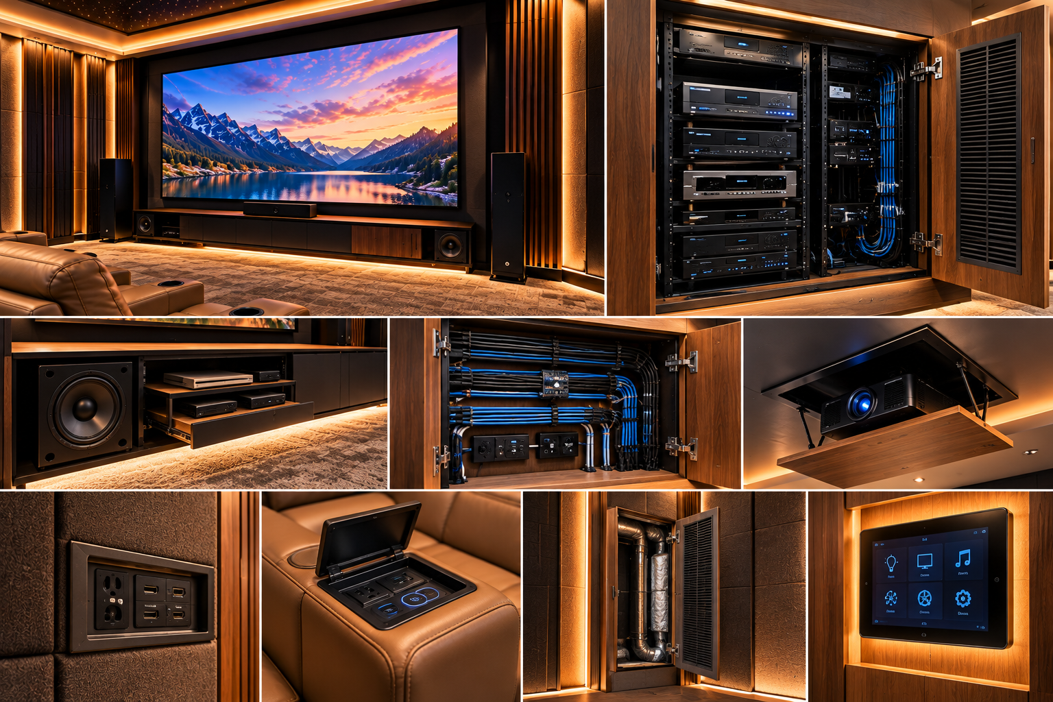 Luxury home theatre equipment installation showing concealed AV racks, organised cabling, ventilation panels, projector access and smart entertainment controls.