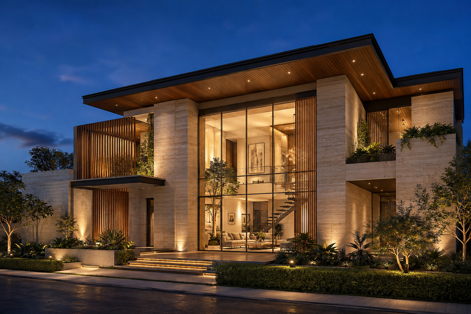 Modern two-story house with large glass windows, illuminated from inside, at dusk. Exterior features include stone walls, wooden accents, and landscaped garden with small trees and plants.