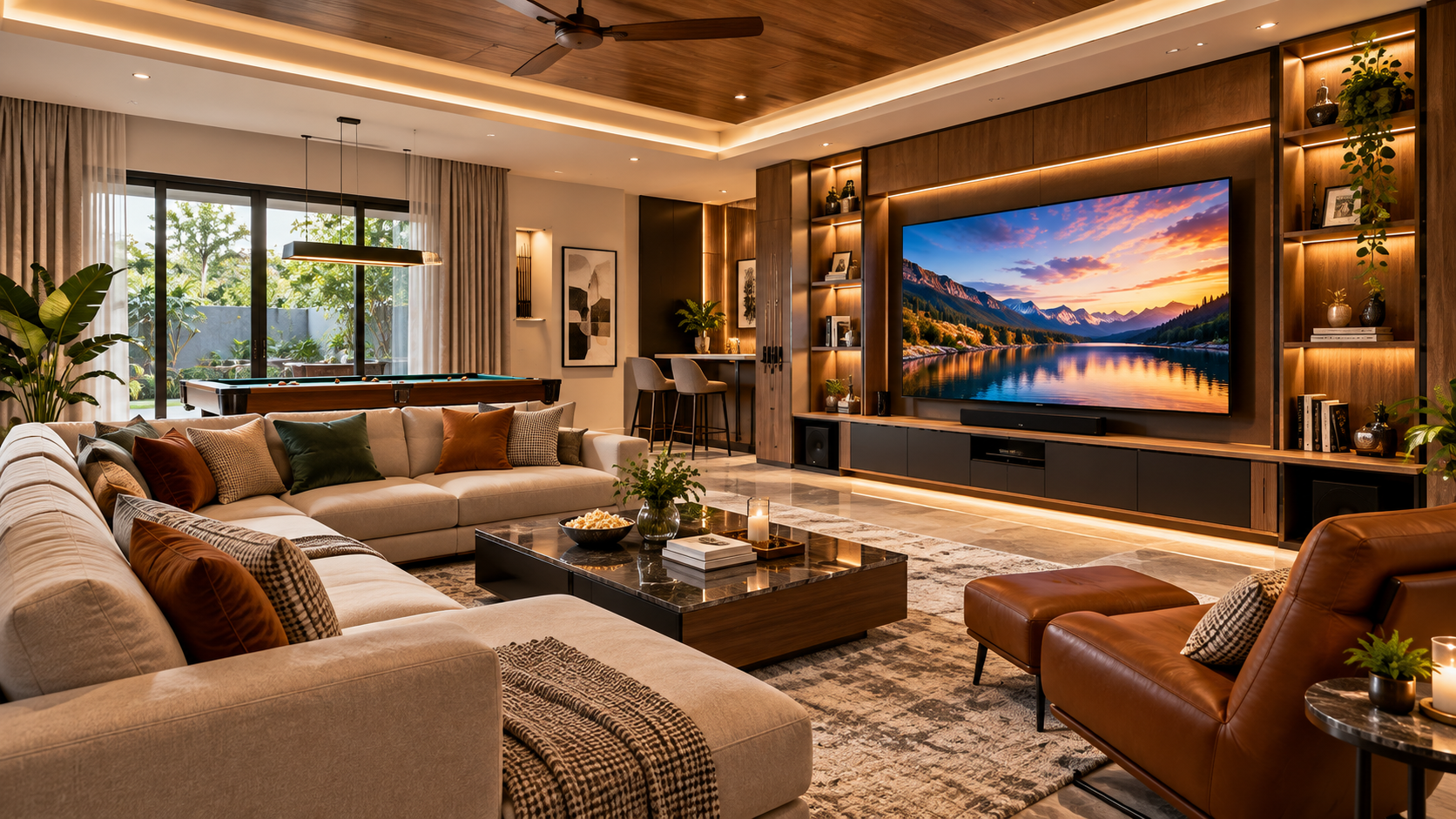 Luxury multipurpose family entertainment lounge featuring a large television, sectional sofa, billiards table, natural daylight and warm wooden interiors.