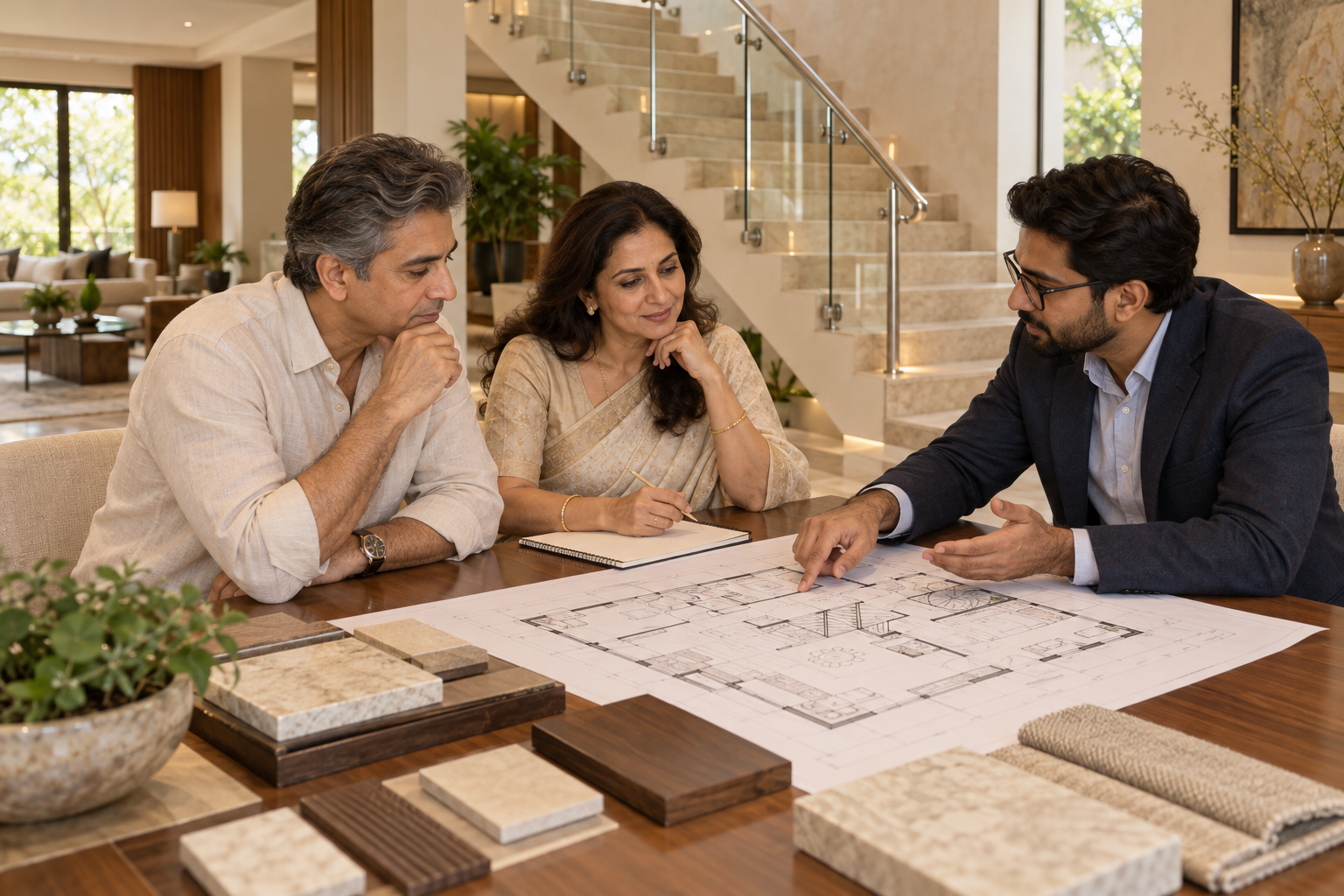 Homeowner couple reviewing house plans and material samples with an architect, with a staircase in the background.