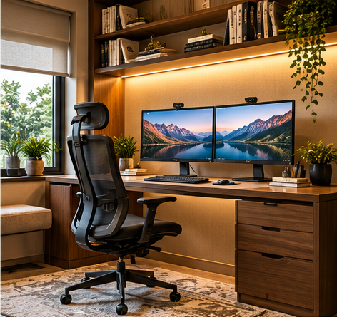 Compact luxury home office nook with walnut shelving, built-in desk and upholstered chair.