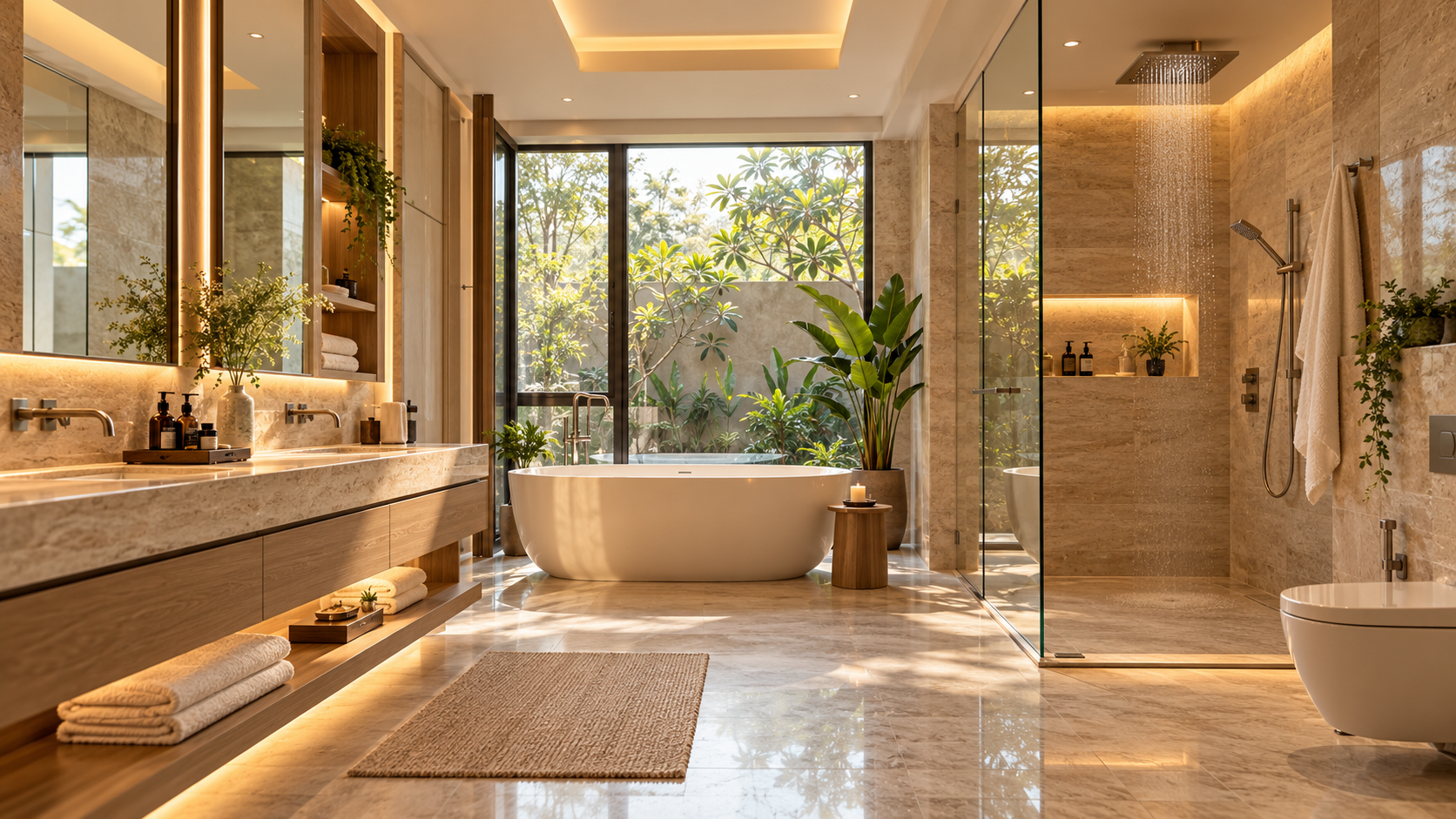 Luxury spa-inspired bathroom with freestanding bathtub, glass shower enclosure, elegant vanity and natural daylight — Aurevia Luxury Villas.