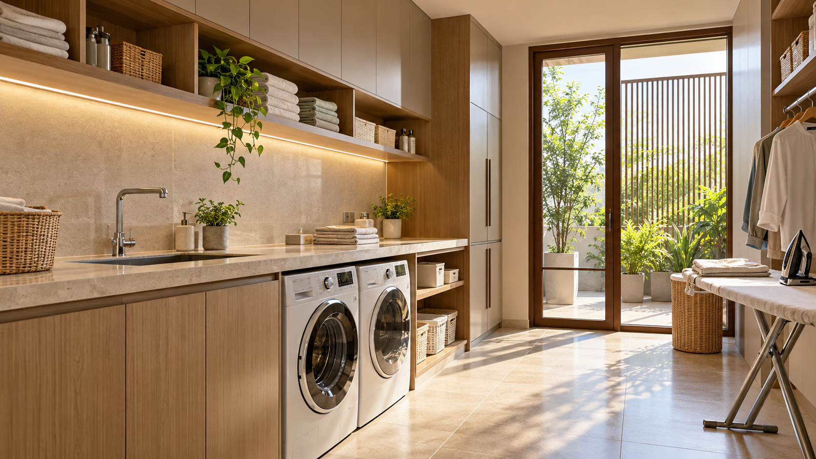 Contemporary villa utility room with washing appliances, folding counter, sink, storage cabinets and natural daylight.