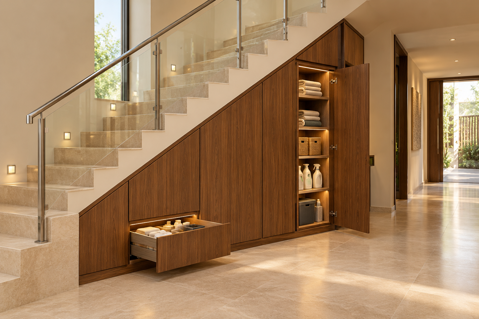 Walnut under-stair cabinets with open shelving and a pull-out drawer beneath a stone staircase with stainless steel and glass railing.