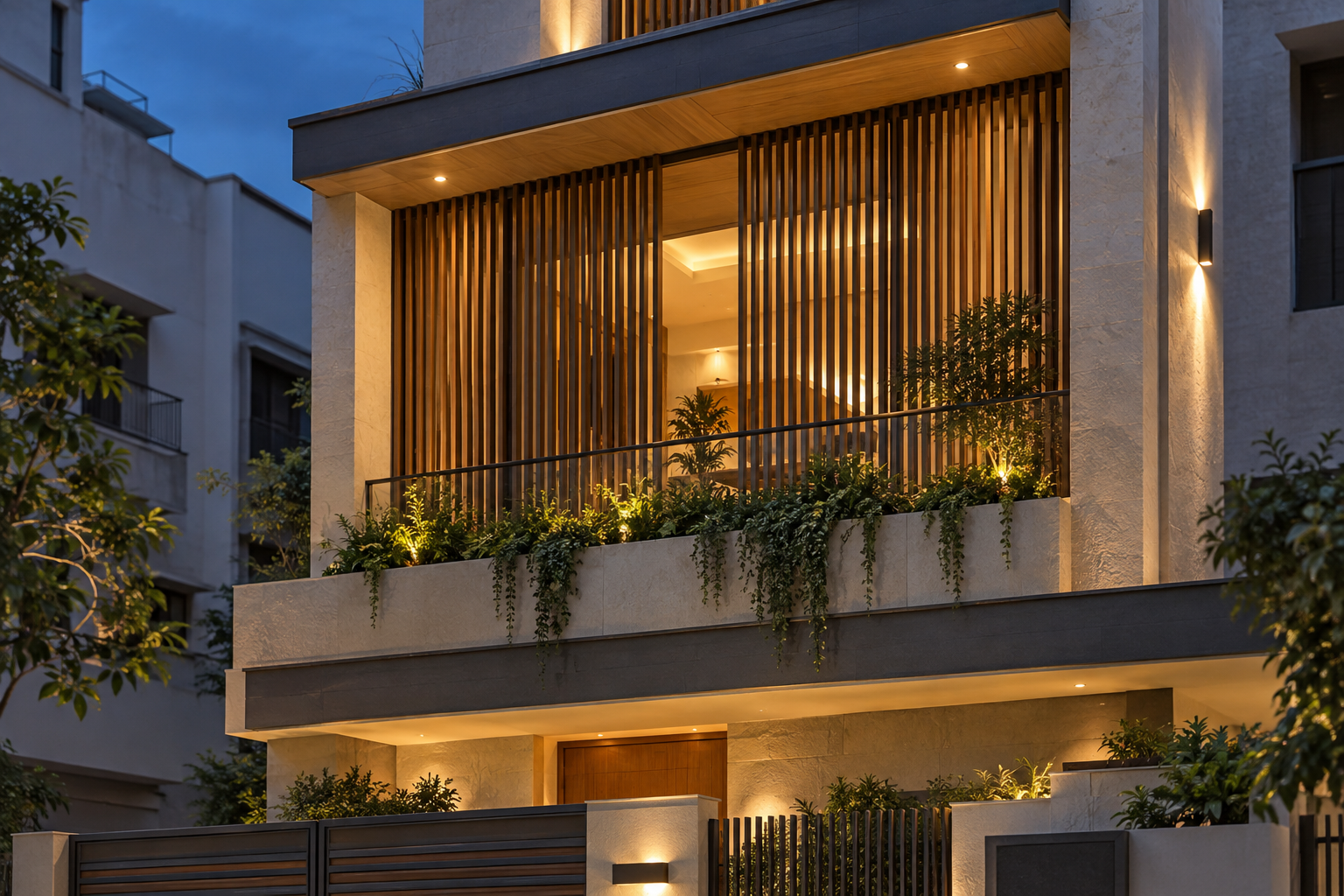 Screened east-facing balcony with warm evening lighting at AV-006 Family Lightwell Villa.
