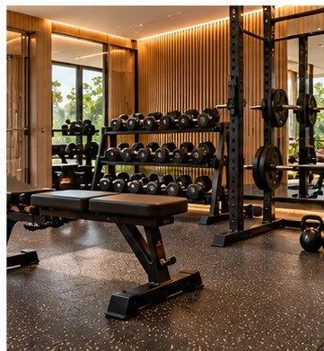 Home strength-training zone with adjustable bench, dumbbell rack and impact-resistant flooring.