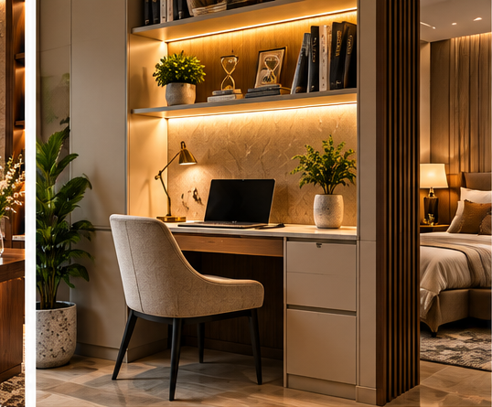 Compact luxury home office nook with walnut shelving, built-in desk and upholstered chair.