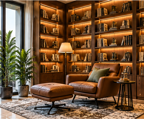 Elegant private home library with walnut bookshelves, leather reading chair and warm lighting.