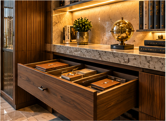 Bespoke walnut office cabinet with organised drawers, marble countertop and concealed storage.