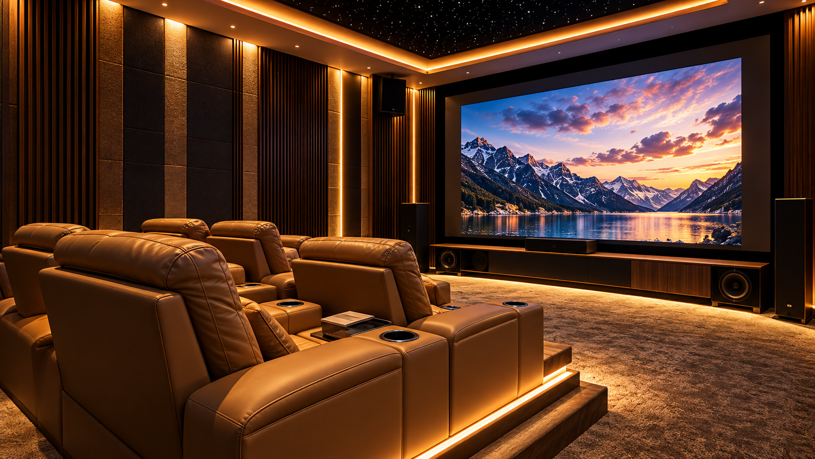 Private home theatre with leather recliners, a large projection screen, acoustic wall panels and softly illuminated steps.