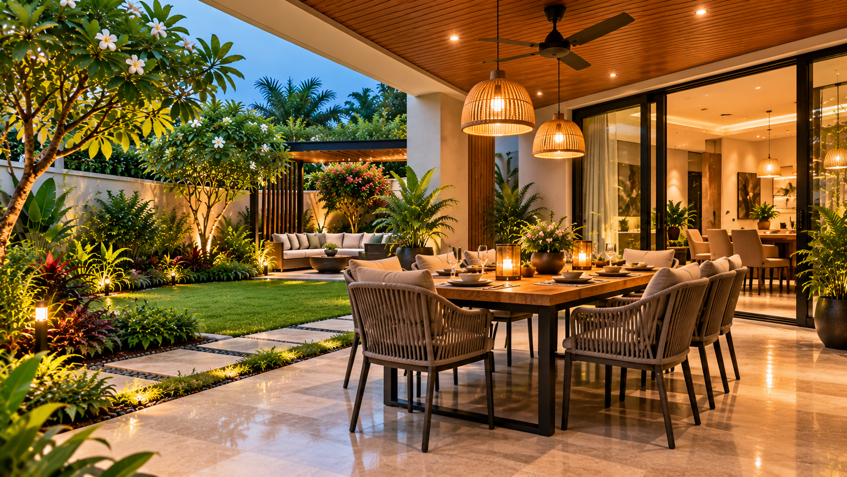 Elegant covered outdoor dining terrace with a wooden dining table, woven chairs, warm pendant lighting, landscaped courtyard and sliding glass doors connecting to the villa interior.