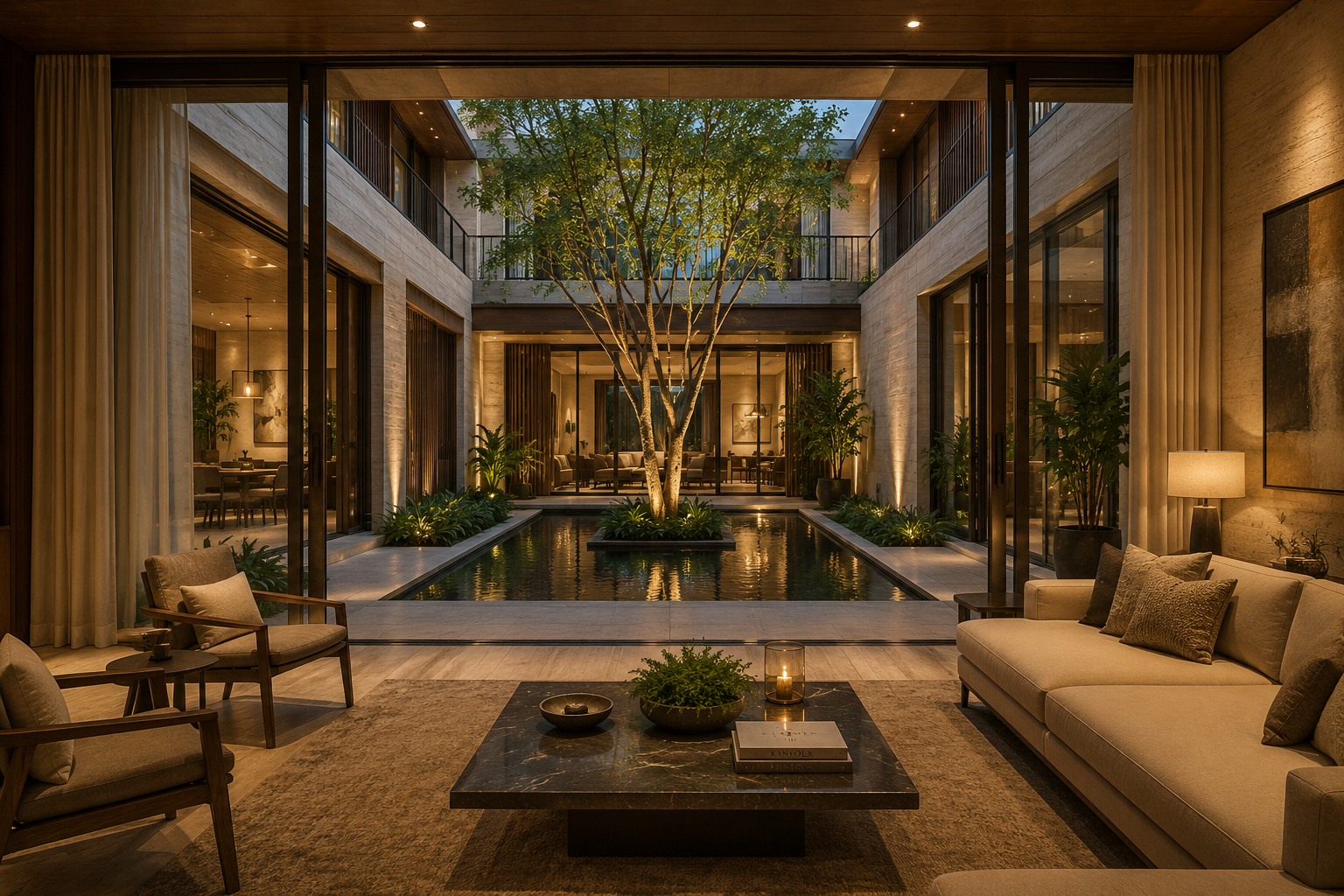 Elegant indoor-outdoor living room with a rectangular water feature in the center, a large tree, and potted plants inside a modern house with large sliding glass doors and a balcony, illuminated with warm lighting.